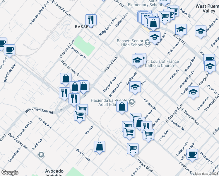 map of restaurants, bars, coffee shops, grocery stores, and more near 338 Mayland Avenue in La Puente