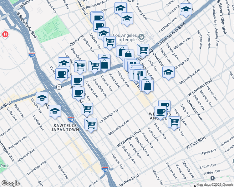 map of restaurants, bars, coffee shops, grocery stores, and more near 1906 Veteran Avenue in Los Angeles