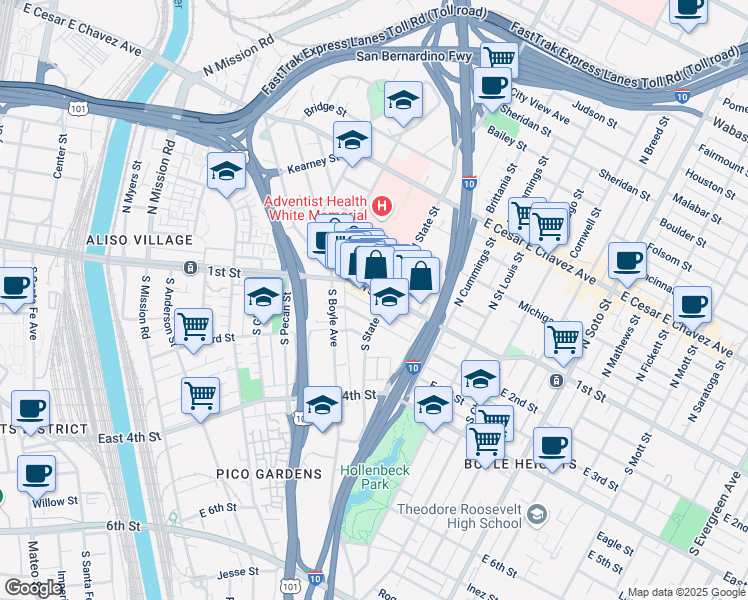 map of restaurants, bars, coffee shops, grocery stores, and more near 1853 East 1st Street in Los Angeles