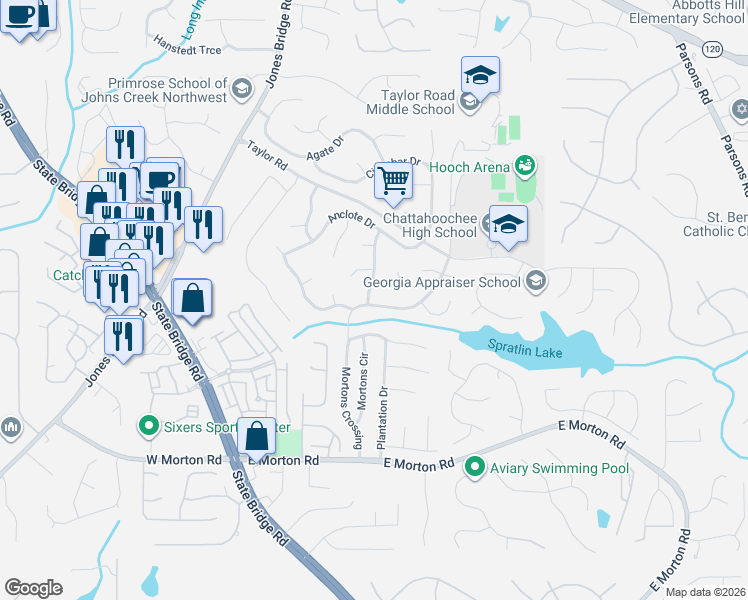 map of restaurants, bars, coffee shops, grocery stores, and more near 320 Tanners Crossing in Alpharetta