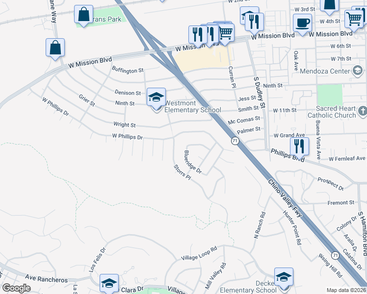 map of restaurants, bars, coffee shops, grocery stores, and more near 1776 Blueridge Drive in Pomona