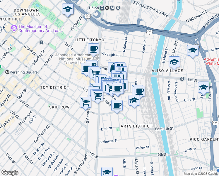 map of restaurants, bars, coffee shops, grocery stores, and more near 629 Traction Avenue in Los Angeles