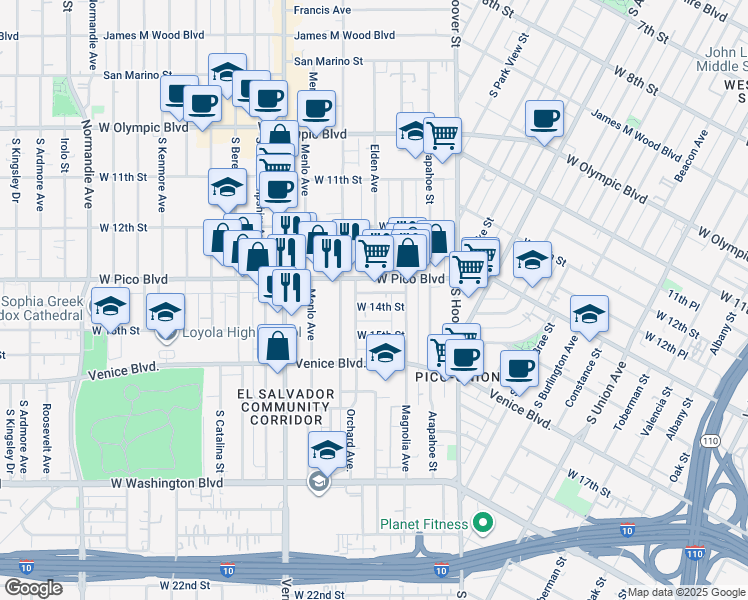 map of restaurants, bars, coffee shops, grocery stores, and more near in Los Angeles