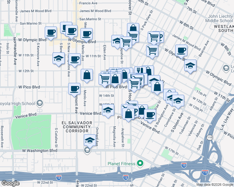 map of restaurants, bars, coffee shops, grocery stores, and more near 1324 Magnolia Avenue in Los Angeles