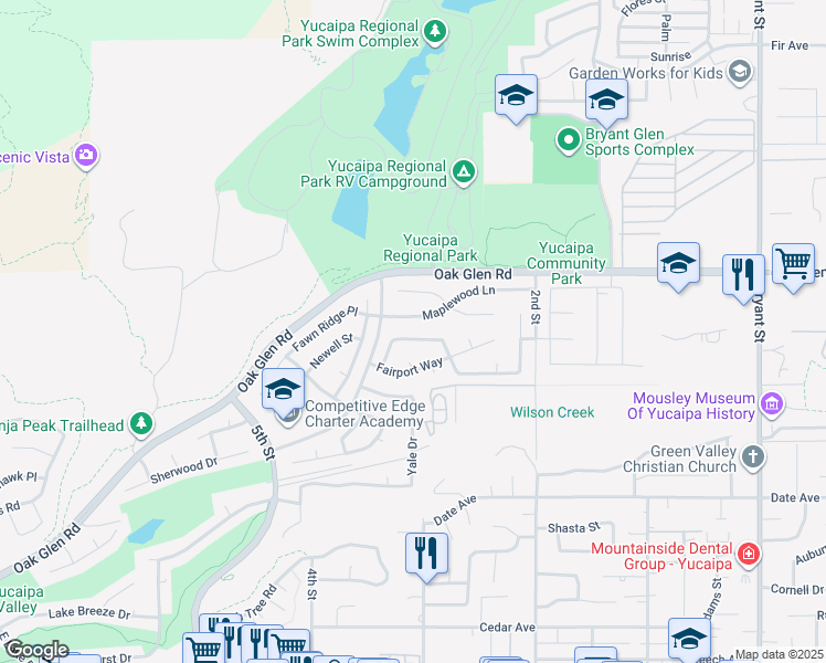 map of restaurants, bars, coffee shops, grocery stores, and more near 11604 Deerfield Drive in Yucaipa