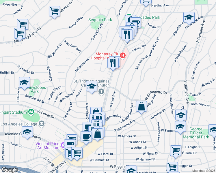 map of restaurants, bars, coffee shops, grocery stores, and more near South Atlantic Boulevard & West El Repetto Drive in Monterey Park