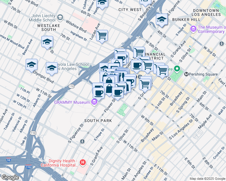 map of restaurants, bars, coffee shops, grocery stores, and more near 888 South Figueroa Street in Los Angeles