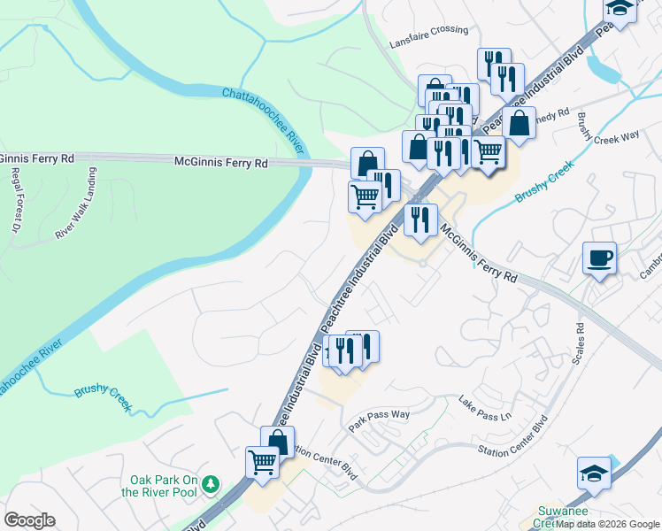 map of restaurants, bars, coffee shops, grocery stores, and more near 1241 Fieldcrest Court in Suwanee