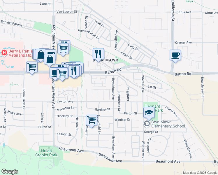 map of restaurants, bars, coffee shops, grocery stores, and more near 26066 Vía Oro in Loma Linda