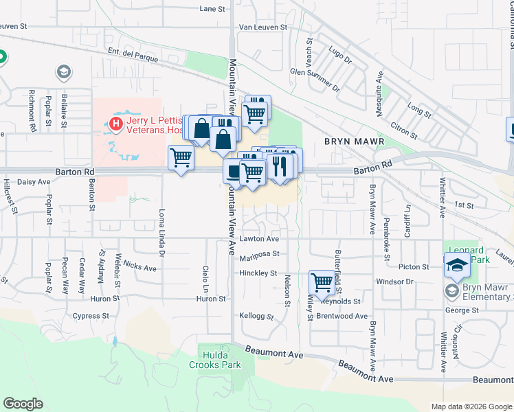 map of restaurants, bars, coffee shops, grocery stores, and more near 25835 Barton Road in Loma Linda
