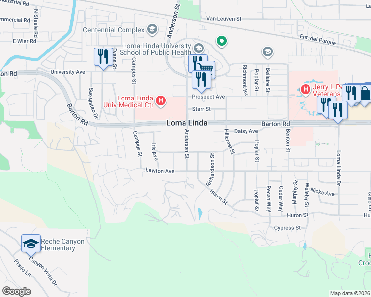 map of restaurants, bars, coffee shops, grocery stores, and more near 11375 Anderson Street in Loma Linda