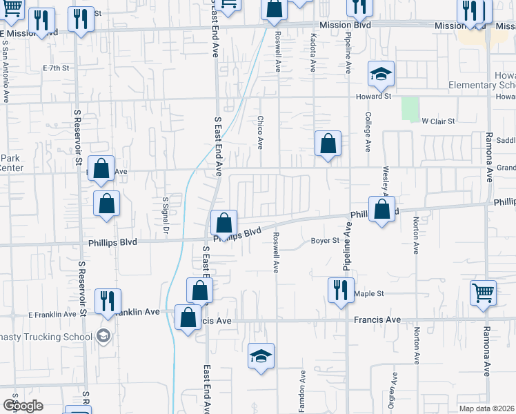 map of restaurants, bars, coffee shops, grocery stores, and more near 11427 Hickory Lane in Pomona