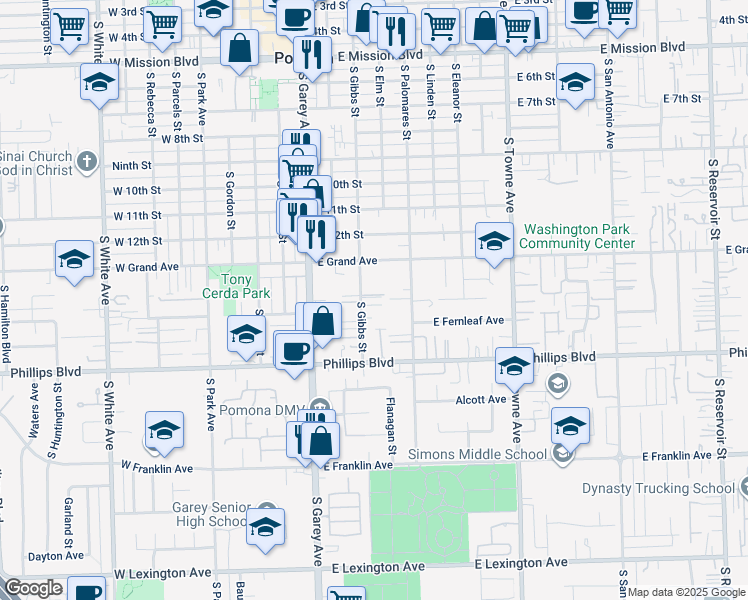 map of restaurants, bars, coffee shops, grocery stores, and more near 1340 South Gibbs Street in Pomona