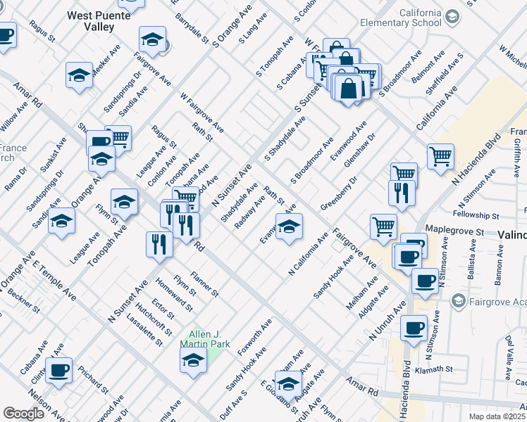 map of restaurants, bars, coffee shops, grocery stores, and more near 1126 Radway Avenue in La Puente