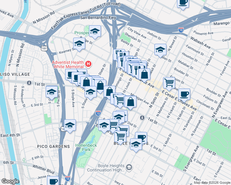map of restaurants, bars, coffee shops, grocery stores, and more near 2010 Michigan Avenue in Los Angeles