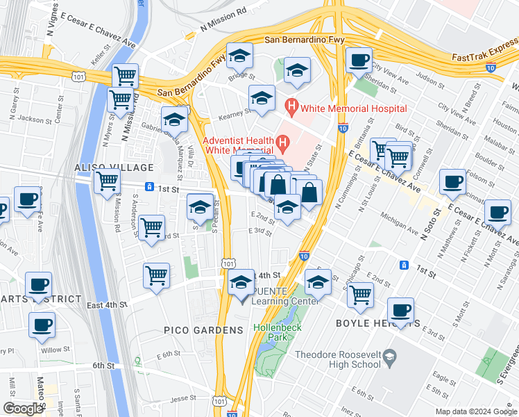 map of restaurants, bars, coffee shops, grocery stores, and more near 1800 East 1st Street in Los Angeles