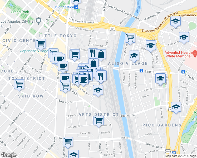 map of restaurants, bars, coffee shops, grocery stores, and more near 201 South Santa Fe Avenue in Los Angeles