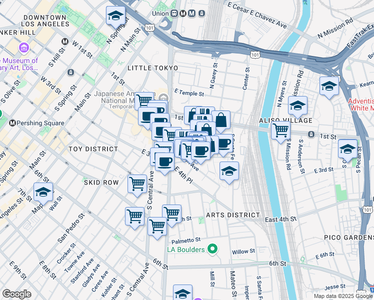 map of restaurants, bars, coffee shops, grocery stores, and more near 222 South Hewitt Street in Los Angeles