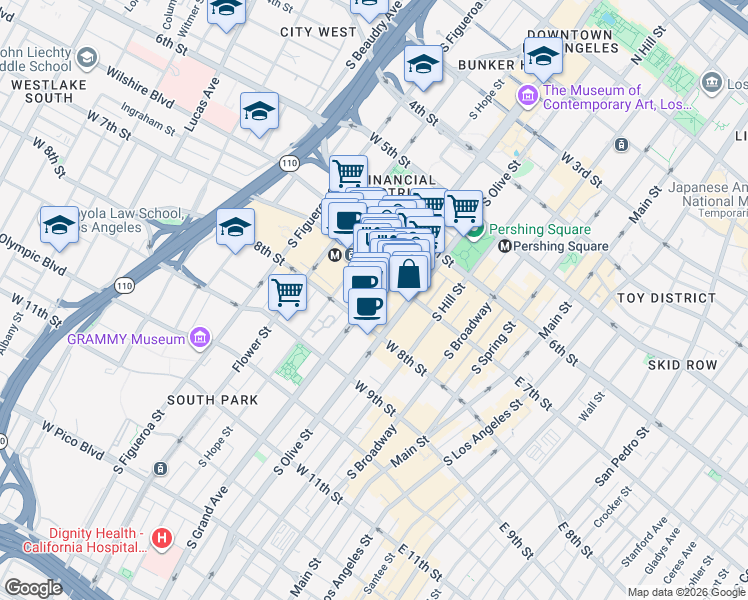 map of restaurants, bars, coffee shops, grocery stores, and more near 770 South Grand Avenue in Los Angeles