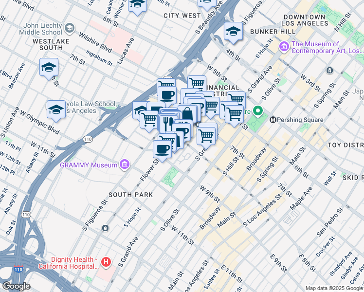 map of restaurants, bars, coffee shops, grocery stores, and more near 800 Flower Street in Los Angeles