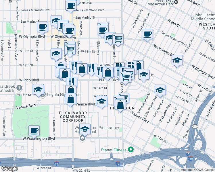 map of restaurants, bars, coffee shops, grocery stores, and more near 2308 West Pico Boulevard in Los Angeles