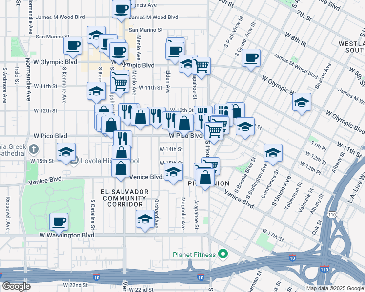 map of restaurants, bars, coffee shops, grocery stores, and more near 2308 West Pico Boulevard in Los Angeles