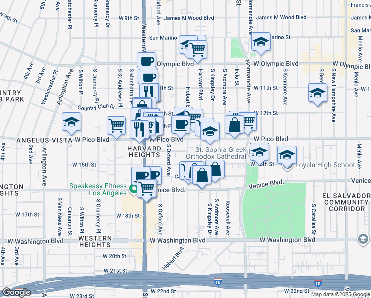 map of restaurants, bars, coffee shops, grocery stores, and more near 2960 West Pico Boulevard in Los Angeles