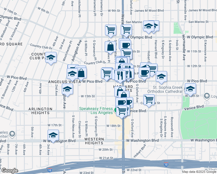 map of restaurants, bars, coffee shops, grocery stores, and more near 3164 West Pico Boulevard in Los Angeles