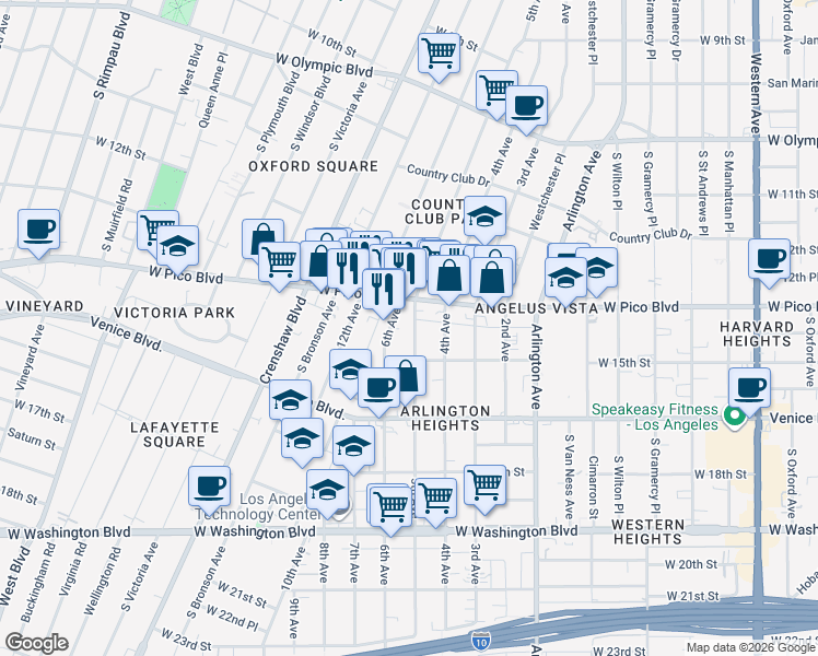 map of restaurants, bars, coffee shops, grocery stores, and more near in Los Angeles