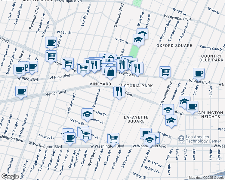 map of restaurants, bars, coffee shops, grocery stores, and more near 4550 West Pico Boulevard in Los Angeles