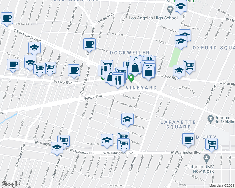 map of restaurants, bars, coffee shops, grocery stores, and more near 4707 Lomita Street in Los Angeles