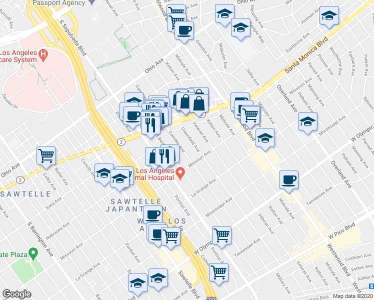 map of restaurants, bars, coffee shops, grocery stores, and more near 1857 Greenfield Avenue in Los Angeles