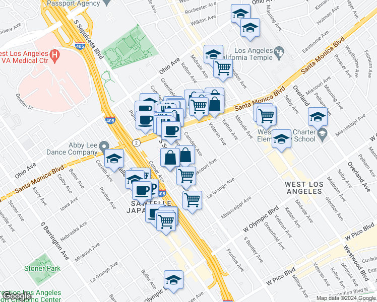map of restaurants, bars, coffee shops, grocery stores, and more near 1741 Camden Avenue in Los Angeles