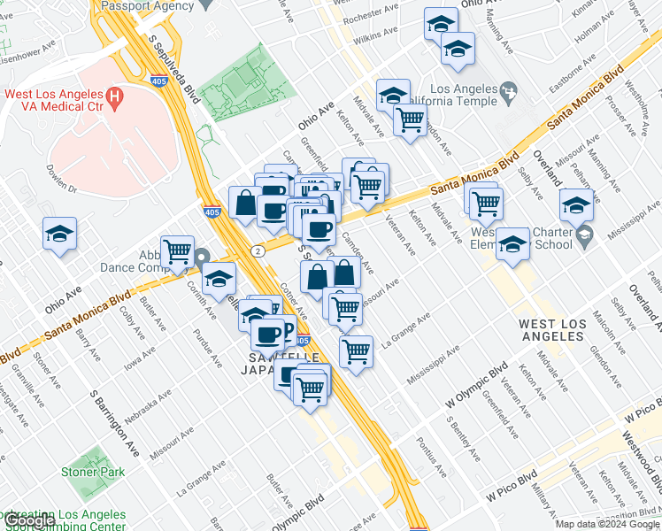 map of restaurants, bars, coffee shops, grocery stores, and more near 1727 South Bentley Avenue in Los Angeles