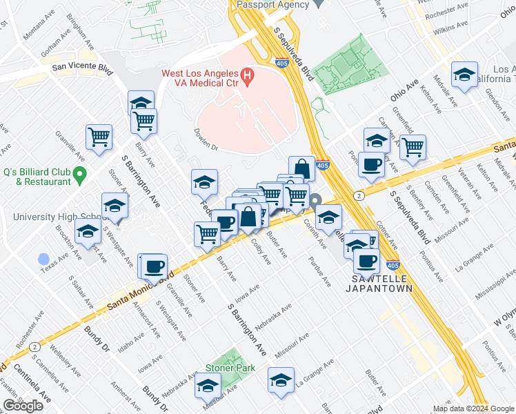 map of restaurants, bars, coffee shops, grocery stores, and more near 1505 Purdue Avenue in Los Angeles