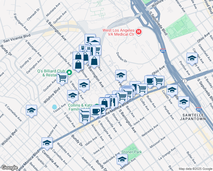 map of restaurants, bars, coffee shops, grocery stores, and more near 1323 Barry Avenue in Los Angeles