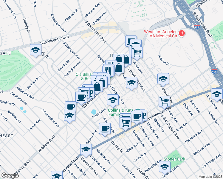 map of restaurants, bars, coffee shops, grocery stores, and more near 1222 South Westgate Avenue in Los Angeles