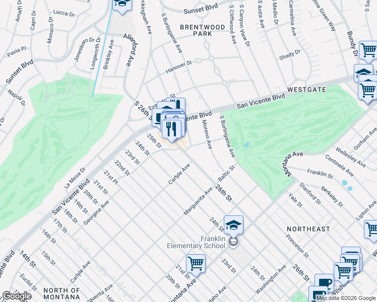map of restaurants, bars, coffee shops, grocery stores, and more near 13001 Brentwood Terrace in Los Angeles