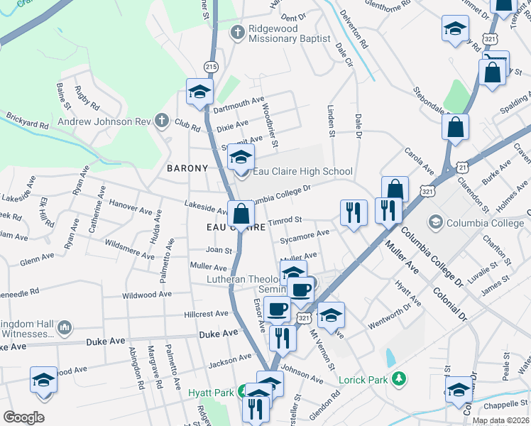 map of restaurants, bars, coffee shops, grocery stores, and more near 716 Columbia College Drive in Columbia