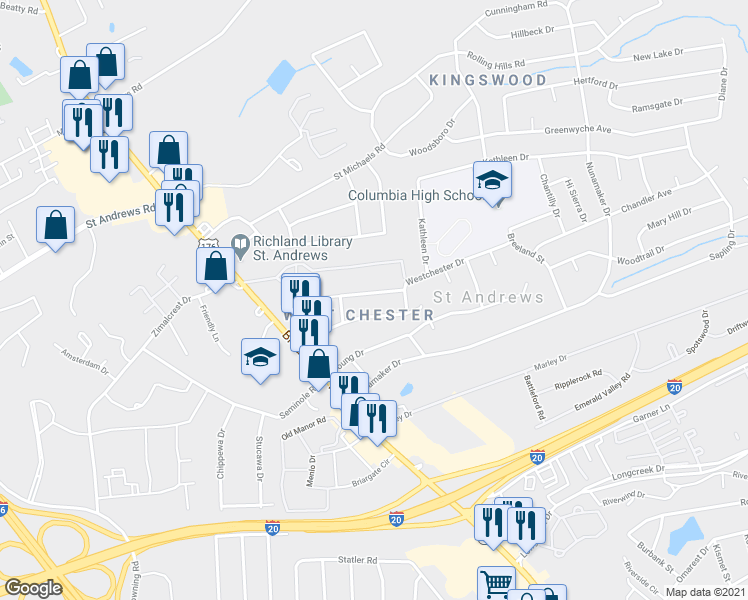 map of restaurants, bars, coffee shops, grocery stores, and more near 1511 Westchester Drive in Columbia