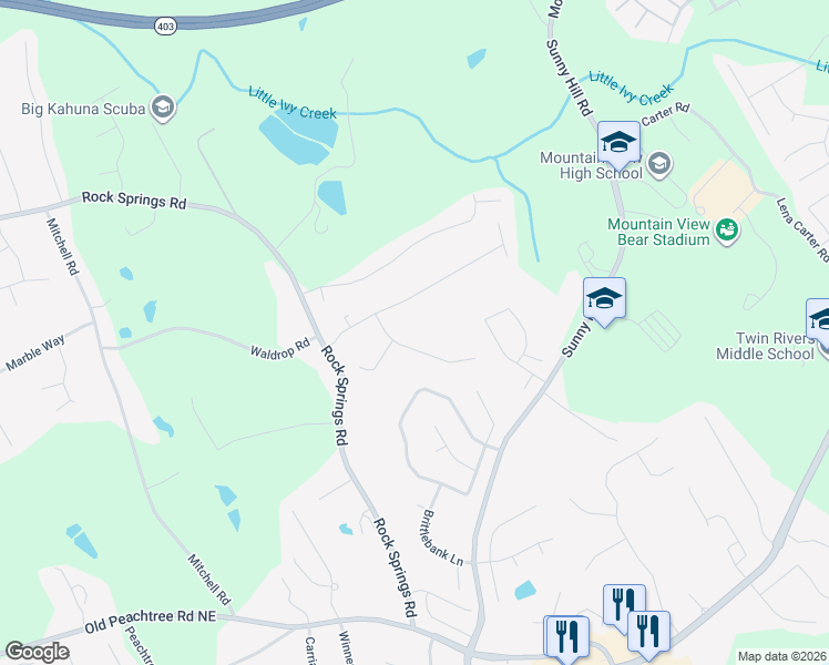 map of restaurants, bars, coffee shops, grocery stores, and more near 2337 Rocksram Court in Buford