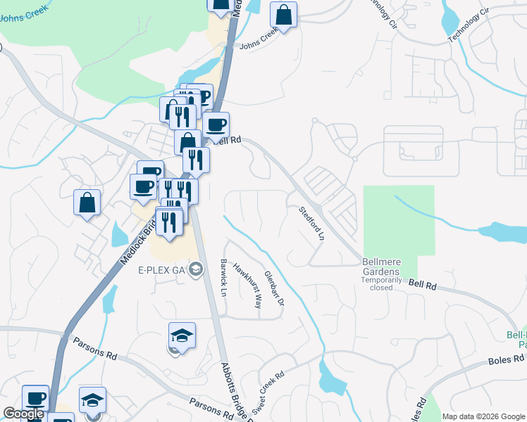 map of restaurants, bars, coffee shops, grocery stores, and more near 140 Gainford Court in Duluth