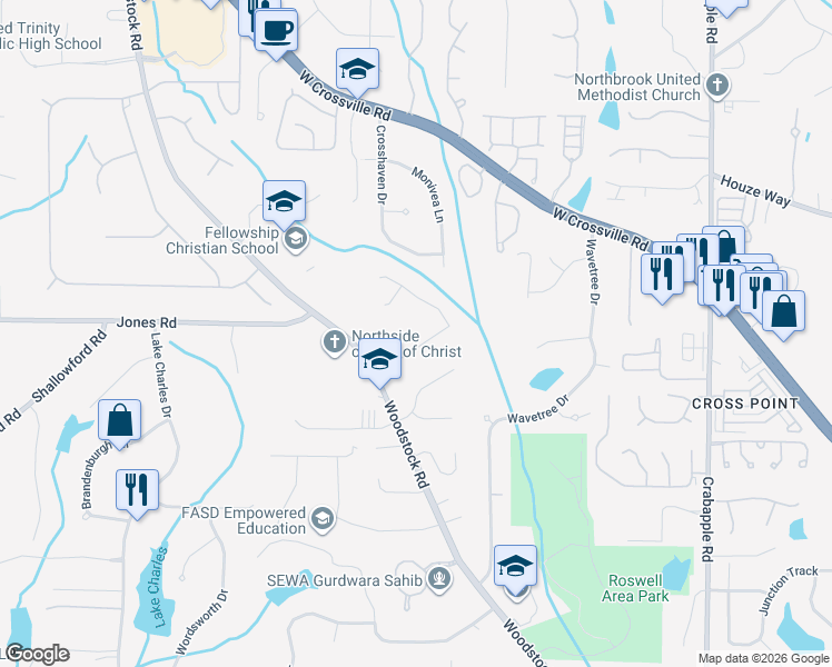 map of restaurants, bars, coffee shops, grocery stores, and more near 1115 Allenbrook Lane in Roswell