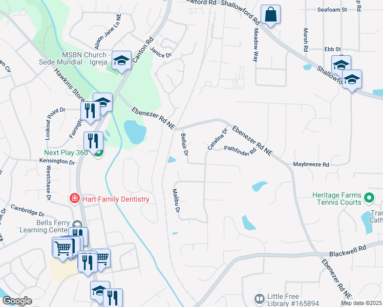 map of restaurants, bars, coffee shops, grocery stores, and more near 3920 Bellair Drive in Marietta