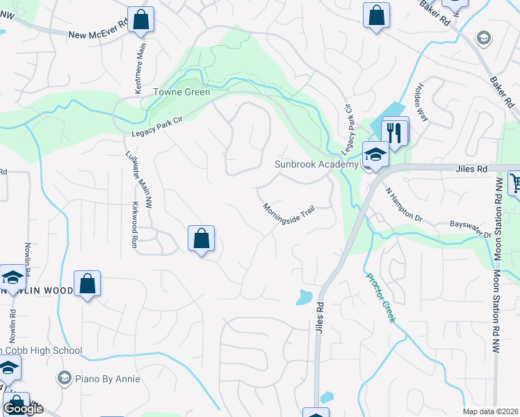 map of restaurants, bars, coffee shops, grocery stores, and more near 2651 Morning Side Trail in Kennesaw