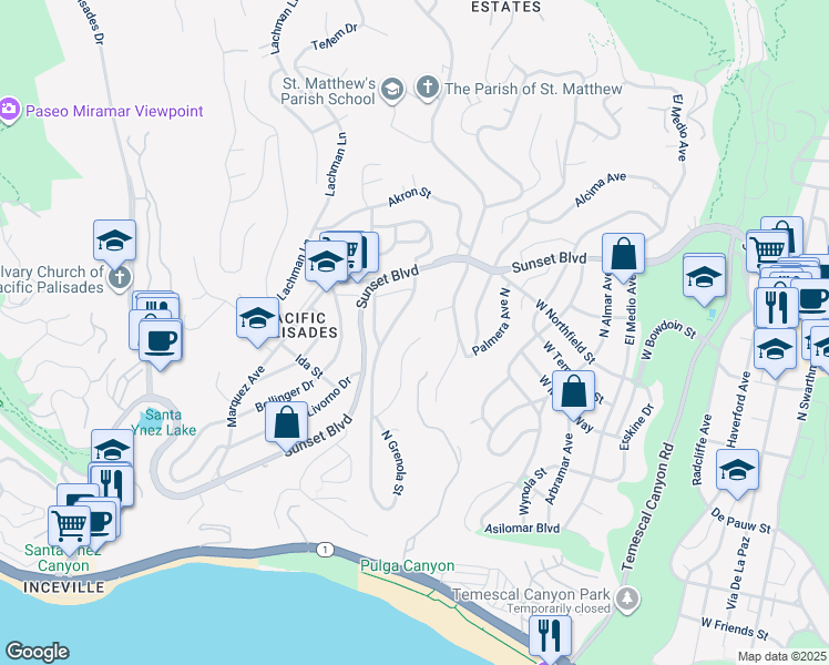 map of restaurants, bars, coffee shops, grocery stores, and more near 623 North Marquette Street in Los Angeles