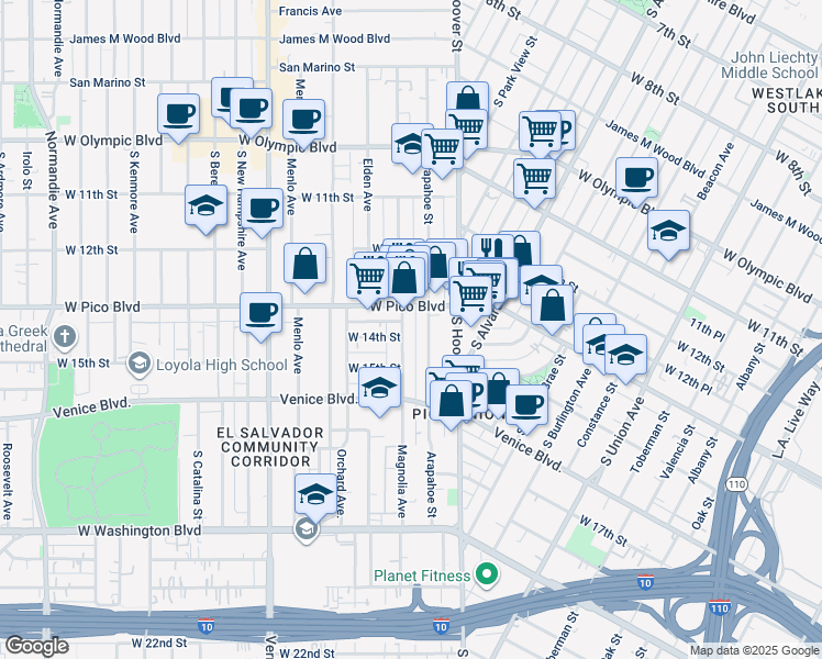map of restaurants, bars, coffee shops, grocery stores, and more near 1324 Magnolia Avenue in Los Angeles