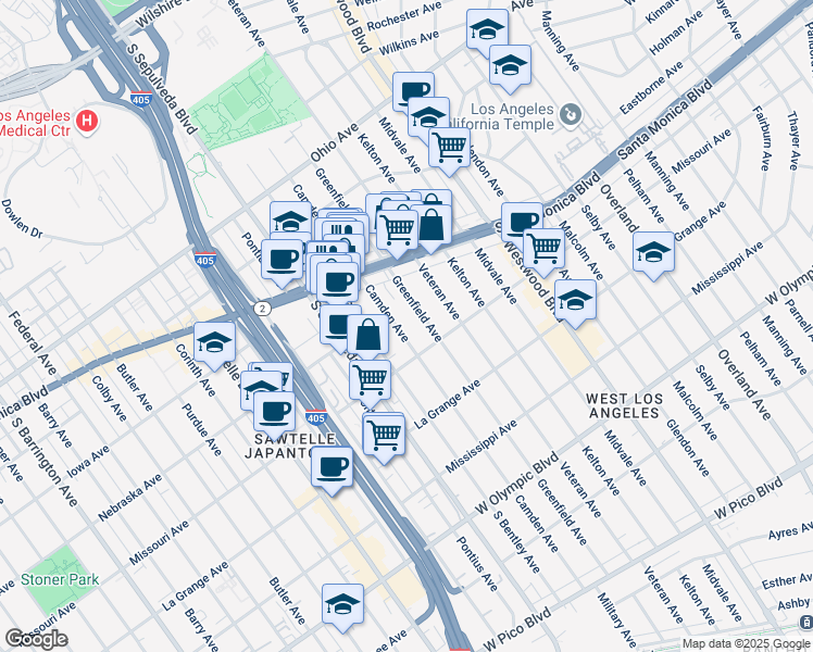 map of restaurants, bars, coffee shops, grocery stores, and more near 1857 Greenfield Avenue in Los Angeles