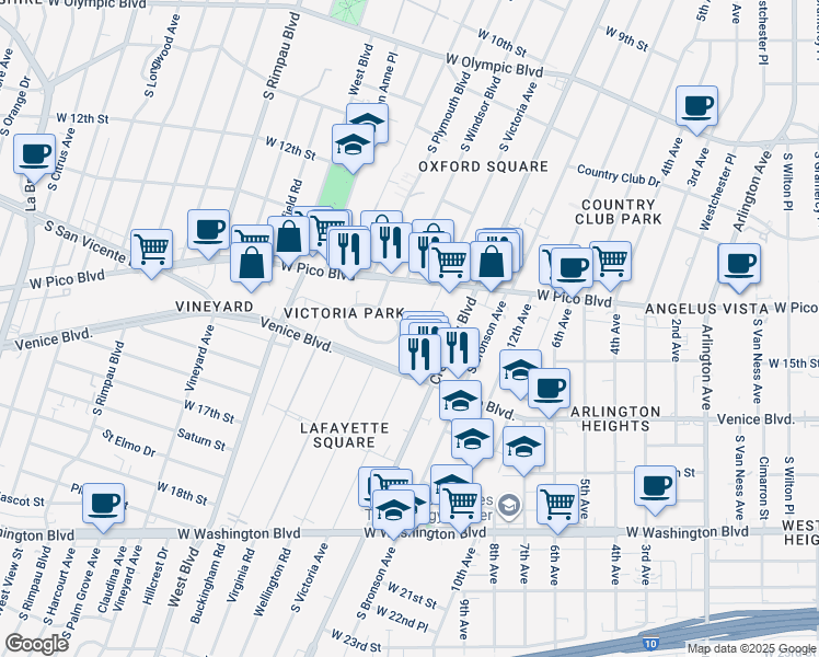 map of restaurants, bars, coffee shops, grocery stores, and more near 4311 Victoria Park Drive in Los Angeles