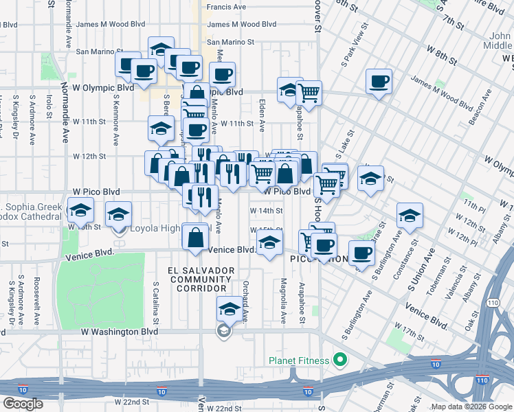 map of restaurants, bars, coffee shops, grocery stores, and more near 2255 West 14th Street in Los Angeles